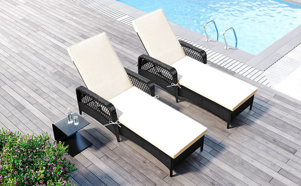GO Outdoor patio pool PE rattan wicker chair wicker sun lounger, Adjustable backrest, beige cushion, Black wicker (2 sets)